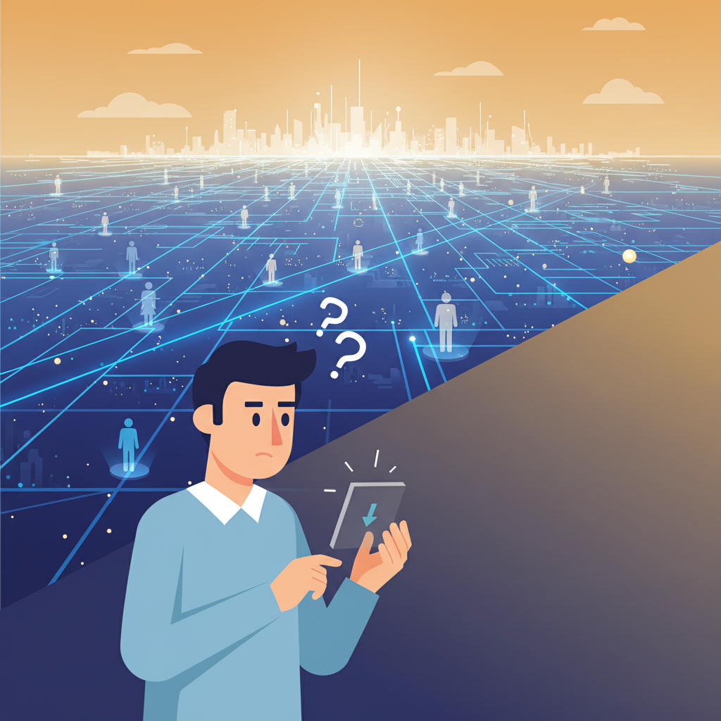 비효율적인 작은 광고 화면에 혼란스러워하는 사업가와 그 너머의 광활한 미개척 시장을 대조적으로 보여주는 현대적인 플랫 일러스트.