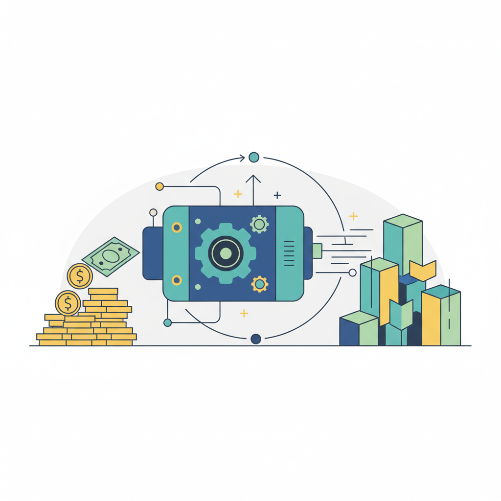 현재의 이익이 미래 확장 구조로 전략적으로 재투자되어 더 큰 자본을 창출하는 과정을 보여주는 현대적인 플랫 일러스트.