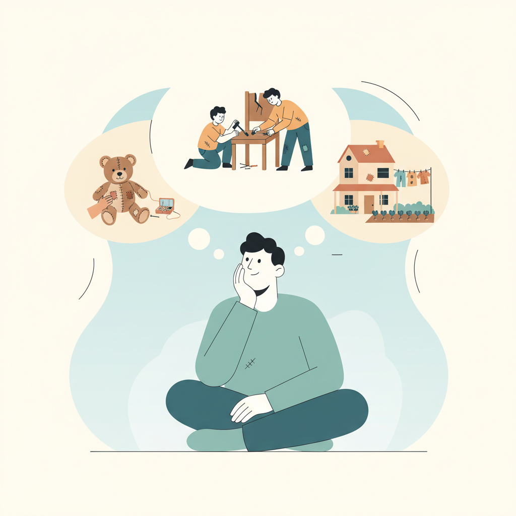 생각에 잠긴 사람이 머리 위 생각 풍선에 어린 시절의 파편적인 기억들을 떠올린다. 낡은 물건을 고치는 모습이나 소박한 집이 보이며, 절약과 수선을 통해 형성된 '돈 이야기'를 상징한다. 모던하고 깔끔한 플랫 일러스트 스타일.