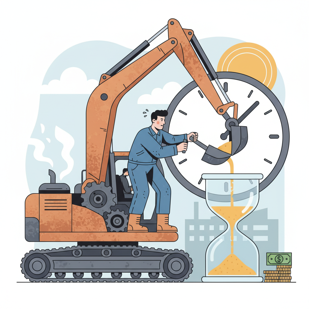 육체적으로 힘든 노동을 하는 사람의 모습 옆에 시계나 모래시계가 크게 그려져 있다. 시간은 흘러가거나 '팔리는' 모습으로 묘사되며, 그 대가로 적은 양의 돈이 놓여 있어 시간과 돈의 직접적이고 저가치 교환을 상징한다. 모던하고 깔끔한 플랫 일러스트 스타일.