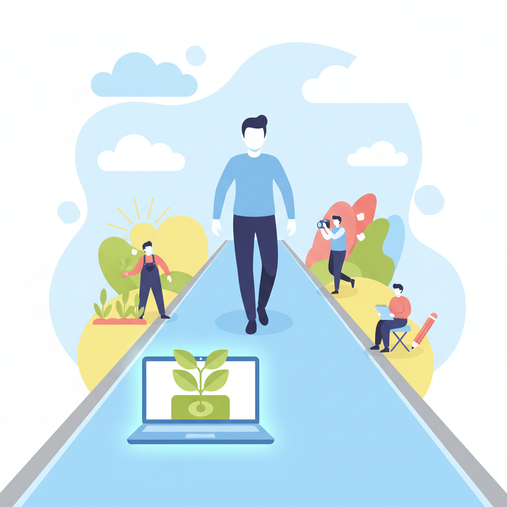 선택한 사이드허슬을 상징하는 명확하고 밝은 '레인' 위를 자신감 있게 걷는 사람. 길 옆에는 가볍게 즐기는 다른 취미 활동들이 작고 자유롭게 묘사됨. 현대적이고 깔끔한 플랫 일러스트 스타일, 텍스트 없음.