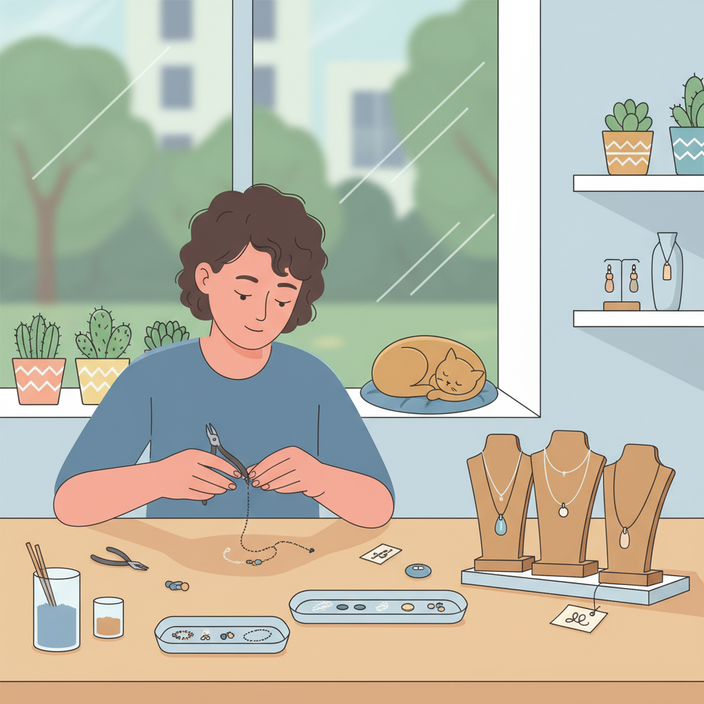 손수 만든 주얼리를 제작하거나 식물 관련 소품을 만드는 등 특정 공예 활동에 몰두하는 사람. 옆에는 완성된 아름다운 작품들이 있어 초기 성공이나 진행 상황을 보여줌. 현대적이고 깔끔한 플랫 일러스트 스타일, 텍스트 없음.