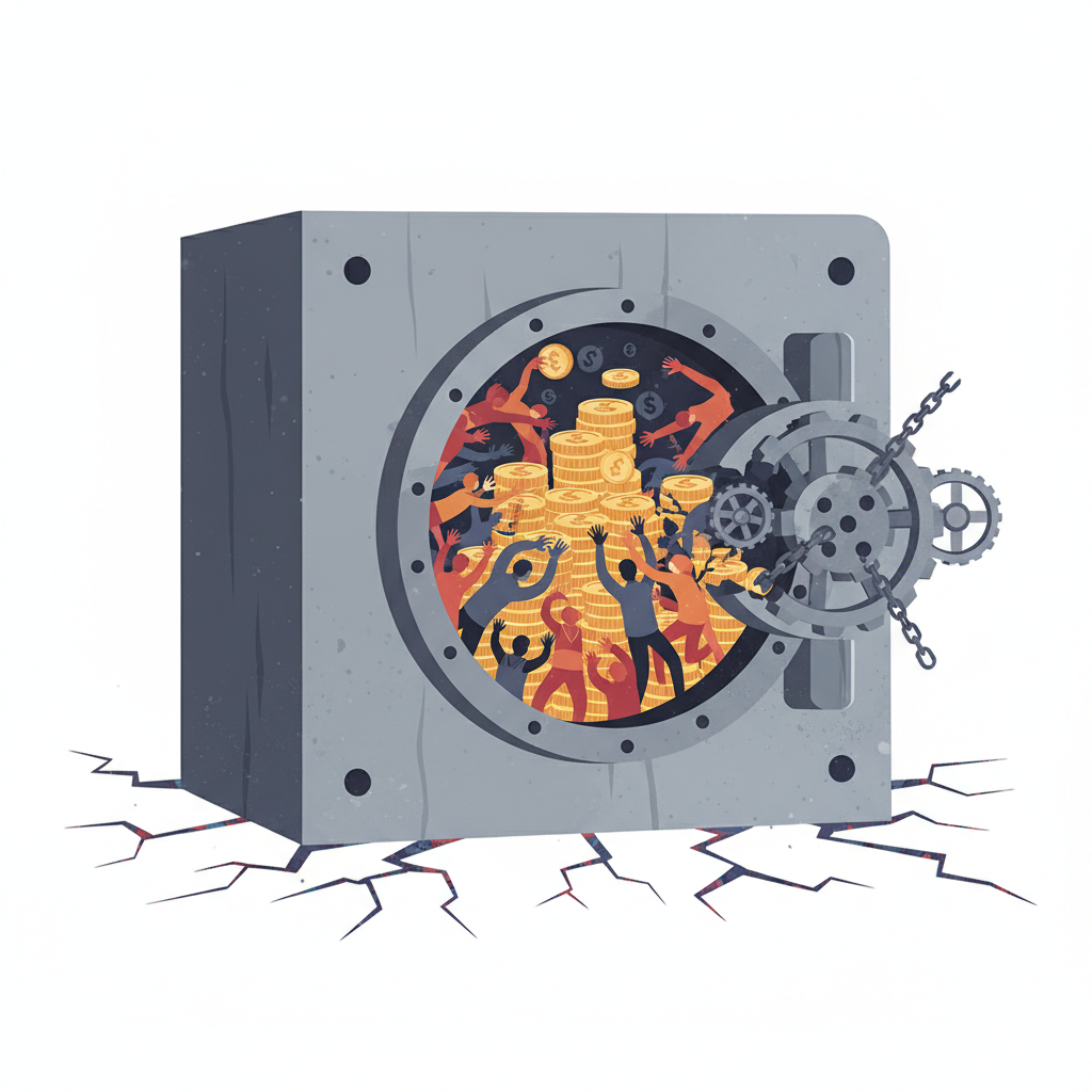 투자자들이 돈을 인출하려고 애쓰지만 자금이 잠겨 있거나 움직이지 않는 모습을 보여주는 모던 플랫 일러스트. 금고 바닥에 금이 가는 모습으로 시장 불안정성을 나타냄.