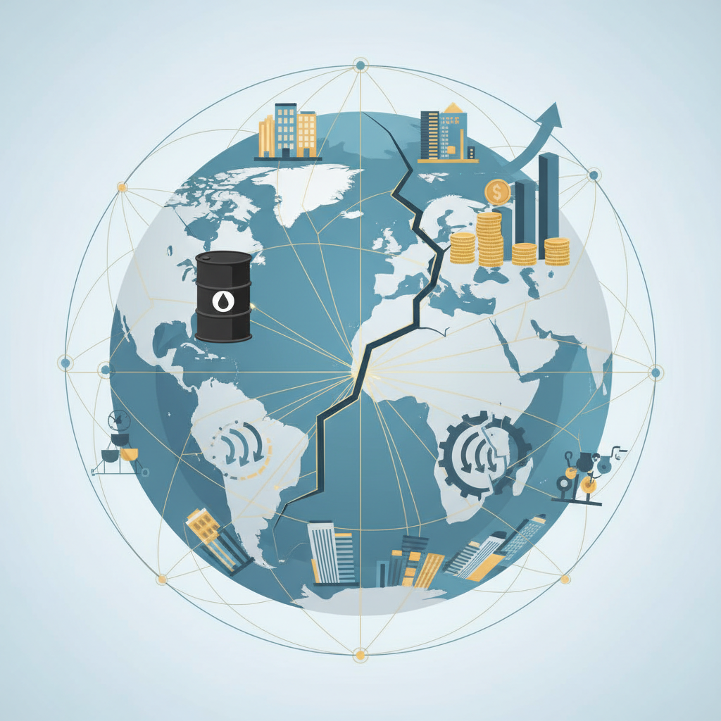 유가 급등, 정부 부채 증가, 고용 시장 둔화와 같은 다양한 경제적 문제로 인해 곳곳에 균열이 생겨 위태롭게 버티고 있는 글로벌 경제 구조를 묘사하는 모던 플랫 일러스트.